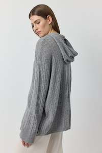 Sweater: Relaxed Cashmere Cable Hoodie - Dark Grey Melange