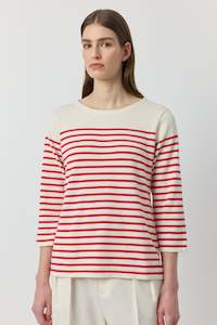 Supmia Cotton Cashmere: Breton 3/4 Sleeve Tee - White/Red