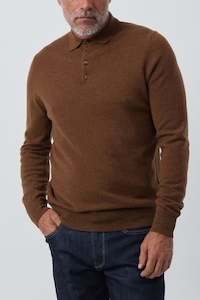 Sale: Mens Cashmere Long Sleeve Polo - Tan