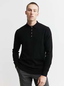 Mens Polos: Mens Cashmere Long Sleeve Polo - Black