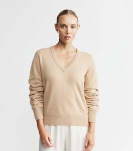 All Cashmere: Cashmere V Neck with Ruched Sleeve - Camel