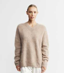 Brushed Cashmere: Brushed Cashmere Relaxed V Sweater - Walnut