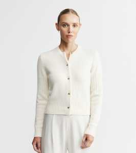 Cardigans Jackets: Cashmere Crew Cardigan with Rib Detail - Cream