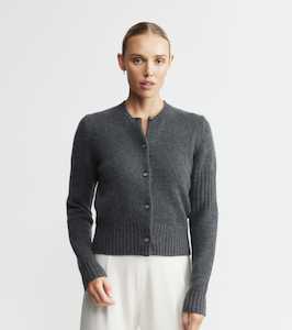 Cashmere Crew Cardigan with Rib Detail - Graphite