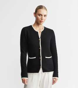 Cashmere Longline Waffle Jacket - Black/Cream