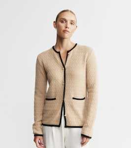 Cashmere Longline Waffle Jacket - Camel/Black
