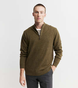 Mens Essential Cashmere Quarter Zip Sweater - Moss/Cacao