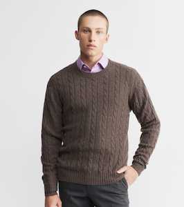 Mens Cashmere Cable Crew Sweater - Brown Melange