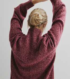 Burgundy: Cashmere Mock Neck with Balloon Sleeve - Burgundy/Pink