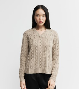 Core Womens: Cashmere Cable V Sweater - Birch