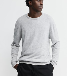 Mens Cashmere: Mens Cashmere Crew w Tipping - Grey Melange/Cream