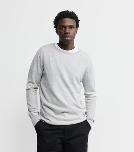 Mens Cashmere: Mens Cashmere Crew Stripe Sleeve - Grey Melange/Cream