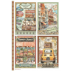 Rice Tissue Paper: Stamperia - Art of Travelling - A4 Rice Paper - 4 Cards