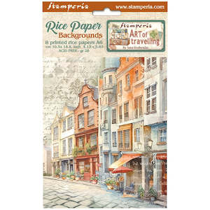 Stamperia - Art of Travelling - A6 Assorted Rice Papers "Backgrounds" (8 Sheets)