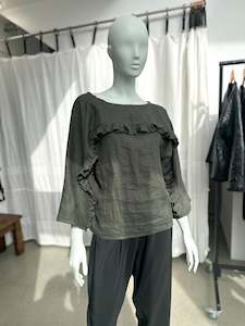 Products: Army Green Linen Frill Sleeve Top