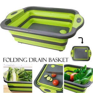 Unique Kitchen Gadgets: Multifunctional Collapsible Cutting Board, Portable Drain Basket for Camping, Picnic, BBQ, Kitchen