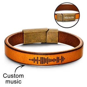 Specials Gifts: Custom Engraved Music Code Leather Bracelet with Strong Magnetic Clasp