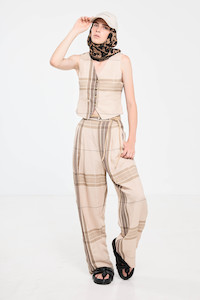 Salasai: Salasai - Palazzo Waistcoat - Beige Plaid Linen