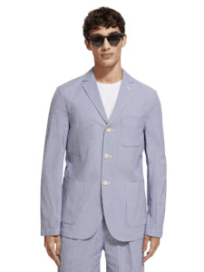 Jackets: Scotch & Soda - Unconstructed Striped Seersucker Blazer - Ecru Navy Stripe