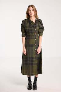 Salasai: Salasai - Beloved Button Dress - Forest Green Check Linen