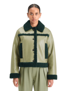 Jackets: Maison Scotch - Shearling Vinyl Aviator Jacket - Washed Sage