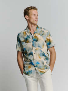 No Excess - Revers Collar Print SS Shirt - Blue