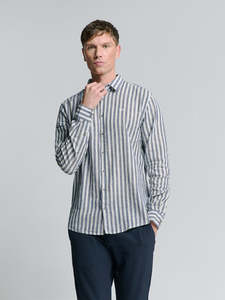 No Excess: No Excess - Vertical Big Stripes Shirt - Indigo Blue