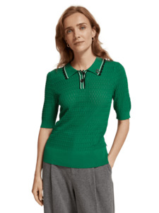 Maison Scotch - Pointelle Collared Knitted Polo - Pine Tree