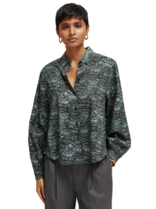 Maison Scotch - Printed Balloon Sleeve Shirt - Feather Bottle Green