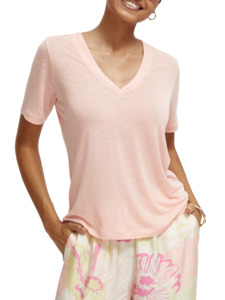Maison Scotch - V-Neck Linen Tee - Blush Peach
