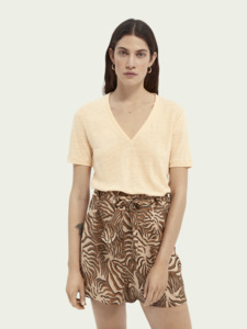 Maison Scotch: Maison Scotch - Classic Linen V-Neck Tee - Deep Peach