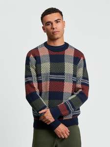 Ben Sherman: Ben Sherman - Jacquard Check Knitted Crew - Dark Navy