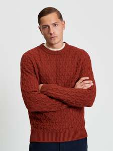 Ben Sherman: Ben Sherman - Cable Texture Knitted Crew - Burnt Orange