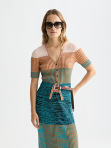Maison Scotch: Maison Scotch - Block Stripe Ribbed SS Cardigan - Tahitian Teal