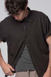 Shirts: Beach Brains - Billy SS Shirt - Black/Tan Stripe