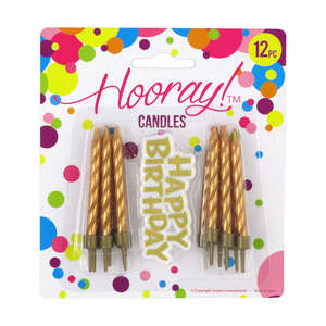 Hooray Spiral Happy Bday Candles 12pcs - Gold