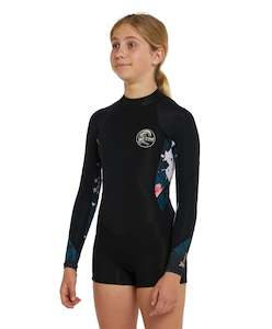 Wetsuit Surf: O'Neill Girl's/Youth Bahia 2mm LS Mid Spring Suit Wetsuit - Black Hibiscus
