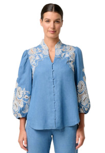 Once Was: Once Was Astra Placement Embroidered Tencel 3/4 Sleeve Blouse - Blue Ash