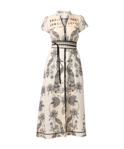 Once Was Xanthia Diamond Smock Yoke Linen Viscose Placement Print Dress - Imperial Stone