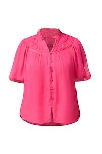 Once Was: Once Was Selini Braided Neck Detail Viscose Chiffon Blouse - Celosia Pink