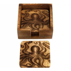 Espial Home: Set of 4 Etched Mango Wood Octopus Coasters With Holder