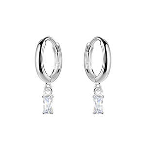 Silver Baguette Cubic Zirconia Charm 2x4mm Hoop Earrings