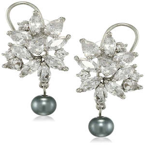 Estele Rhodium Plated American Diamond Pear Marquise cluster Grey Glass Pearl Dr&hellip;