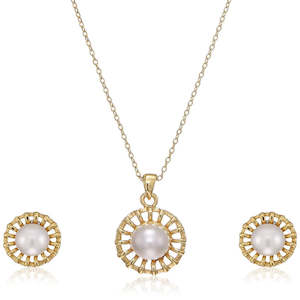 Estele - 24 CT gold plated Glass Pearl Floral Stud Pendant Set for Women