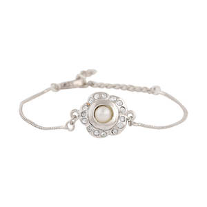 Diamante Collection: Estele Rhodium Plated Designer Pearl Floral Bracelet For Men & Women