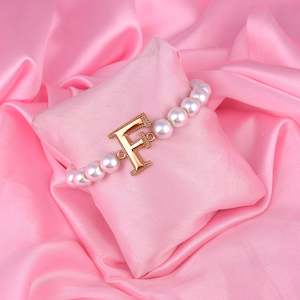 Letter Collection: Estele Rose Gold Plated Fascinating "F" Letter Glass Pearl Bracelet for Women