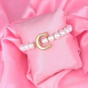Letter Collection: Estele Rose Gold Plated Classic "C" Letter Glass Pearl Bracelet for Women