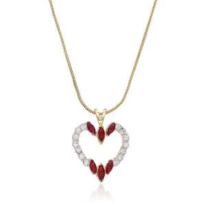 Lamore: Estele gold chain with red and white stone studded heart shape pendant for women