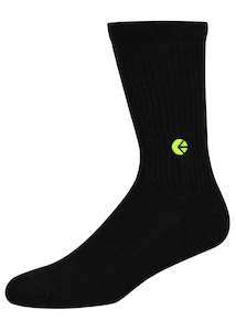 All Socks Exc Moto: Black Crew Sock - Flo Green Logo