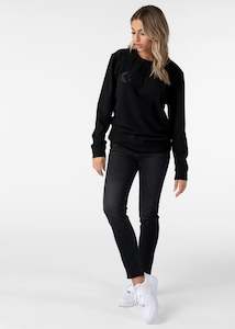 Womens Pullovers Hoodies: Womens Premium Embroidered Crew Neck - Black